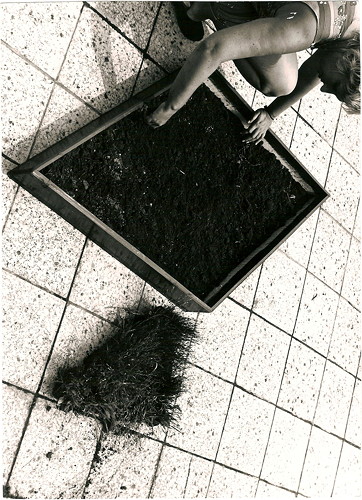 Jana Želibská - Grass Taken from Place “A” Grows in Place “B” in a Designed Patern, 1981
Bratislava and surroundings
b/w photography, 23 x 16 cm, Courtesy Gandy gallery
