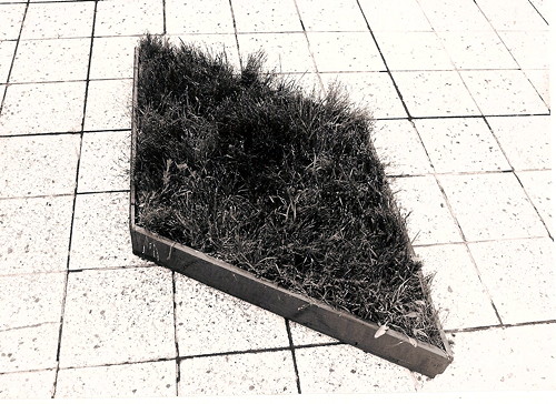 Jana Želibská - Grass Taken from Place “A” Grows in Place “B” in a Designed Patern, 1981
Bratislava and surroundings
b/w photography, 23 x 16 cm, Courtesy Gandy gallery