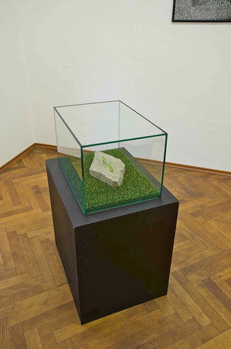 Jana Želibská - The Stone (stone, grass, wood, glass), 2014
mixed media, 50 x 50 x 35 cm
Courtesy Gandy gallery