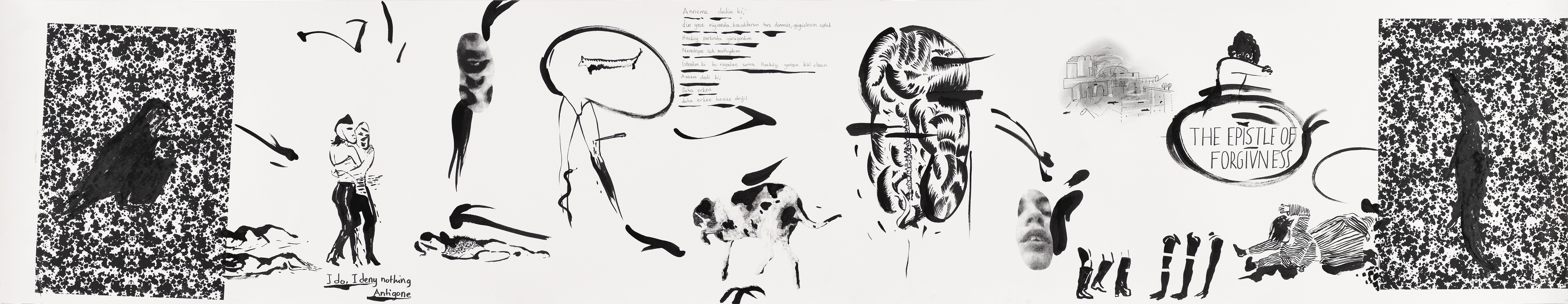 The Epistle of Forgiveness / Affetmenin Risalesi, 2020,
Ink, charcoal pen and screen print on paper
46.5 x 237 x 3 cm